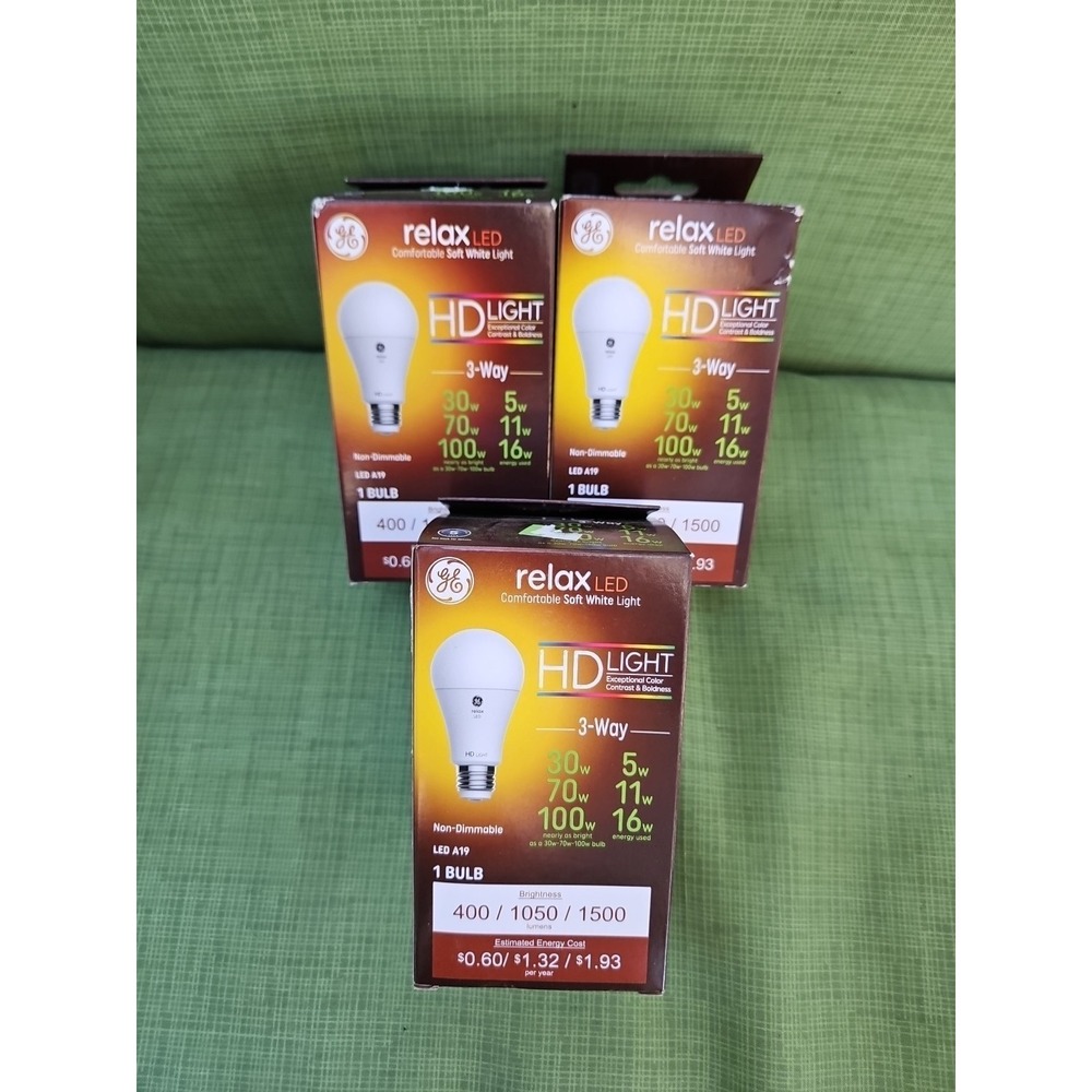 Lot Of 3 GE Relax LED A19 Light Bulb HD Light 3-Way 30w 70w 100w Soft White